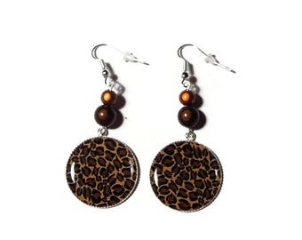 Earrings cabochon leopard Brown and beige/gift