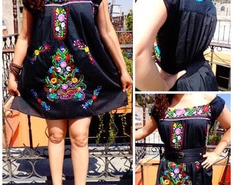 Black Little dress off the shoulder Mexican dress,Mexican embroidered Dress