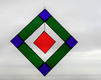 Stained glass red hanging square suncatcher