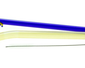 Yellow Gecko Lizard on Bent Cobalt Glass Drinking Straw and Bent Yellow Wide Smoothie Reusable Straw Gift Set of 2- Free Cleaning Brush