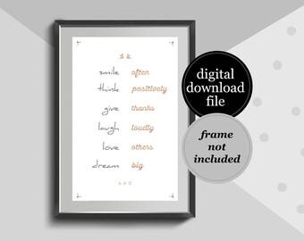 Life Quote - Smile Think Give Laugh Love Dream - Positive Thinking poster, Printable poster, Wall art, Instant download, Rose Gold Poster