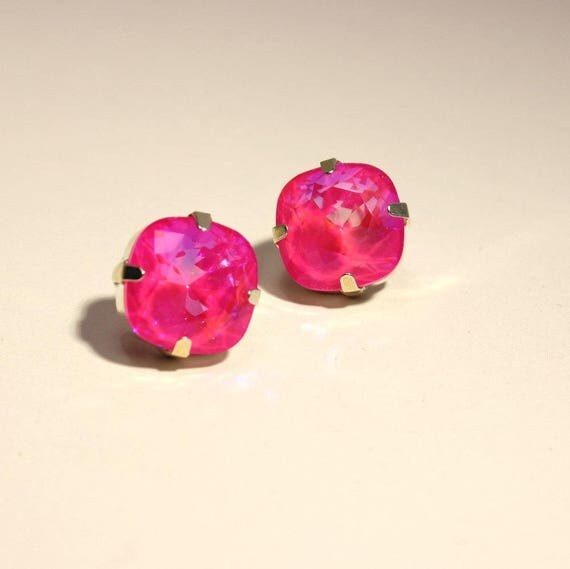 Neon Pink Ultra AB Crystal Stud Earrings Classic Sparkling