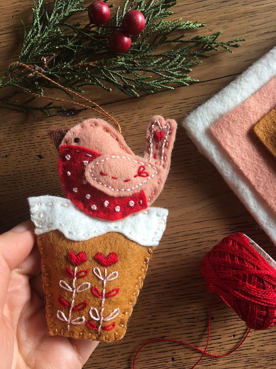 Robin's Flower Pot Felt Christmas Decoration Ornament