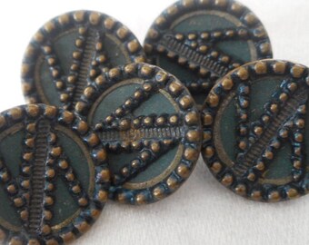 Set of 5 ANTIQUE Green & Blue Tint Metal BUTTONS