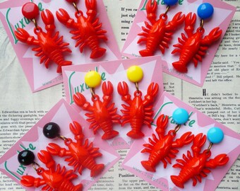 Classic Luxulite Novelty Red Lobster Earrings! 1940's vintage inspired earrings handmade by Luxulite