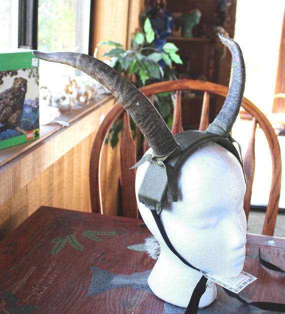 Real wearable domestic goat horns on deerskin headband
