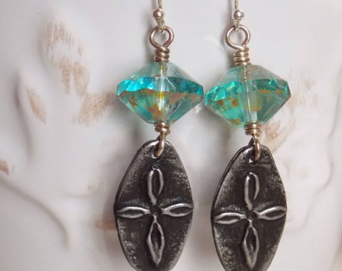 Cross Earrings Blue Aqua Artisan Dangle Sterling Rugged Cross Spiritual Rustic Earrings Boho Bohemian Turquoise Czech Glass Earrings