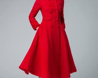 Wool Coat Winter Coat Red coat hooded coat women coat