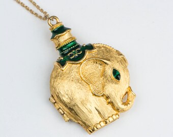 Vintage Gold Elephant Locket Necklace, Long Elephant Necklace, Gold Elephant Jewelry, Long Gold Chain Necklace Pendant, Safari Animal Locket