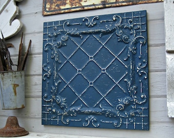 Antique Tin Ceiling Tile. FRAMED 2x2 antique metal tile. Vintage architectural salvage. Indigo blue wall decor. Old pressed tin.