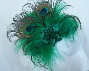Emerald Green Burlesque Style Victoriana Peacock Feather Fascinator Hair Clip - Made to Order