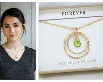 Gold circles necklace with peridot, August birthstone necklace, August birthday gift for daughter - Celeste