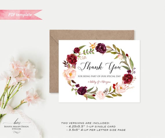 Printable Burgundy Floral Thank You Card Editable PDF