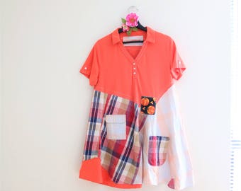 burnt orange plus size dress, upcycled clothing, patchwork dress, Tshirt dress Heart applique Rustic clothes Artsy clothing Shabby boho chic