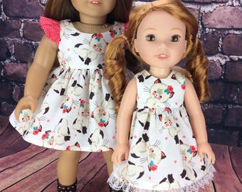 14.5 inch doll clothes dress fits Wellie Wishers doll clothes kitty dress Matching 18 inch size available to make a sister set.
