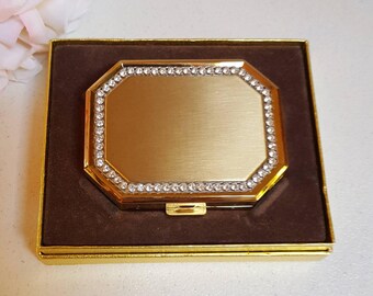 Vintage Avon Compact, Rhinestones with Brushed Gold Tone - Oak Hill Vintage