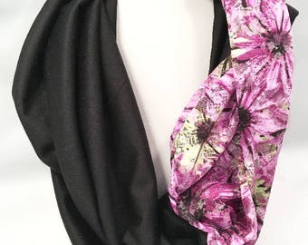 Scarf Floral, Infinity Scarf, Black Scarf, Lace Scarf, Black and Floral, Long scarf, Loop scarf, Circle Scarf, Cowl Scarf, Eternity Scarf