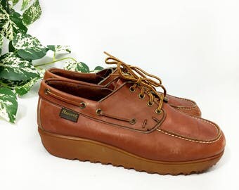 Vintage 1970s Leather Lace up Platform Wedge Sneakers Size 8.5 // 10.5
