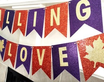 Falling in Love Banner, Fall Wedding Banner, Fall Banner, Autumn Bridal Shower, Fall Bridal Shower Banner, Purple Orange and Gold, Assembled