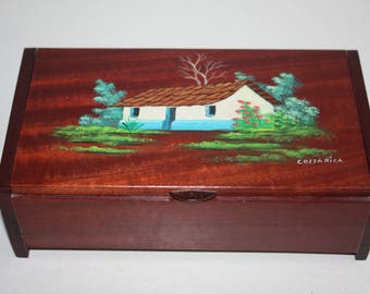Vintage Wooden Treasure or Jewelry Box Hand Painted Costa Rica Souvenir Box/Flip Top Painted Wooden Box/House and Garden Pictoral Box
