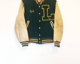 Letterman Jacket Vintage Green Wool Bomber Jacket Faux Leather Sleeves Green Wool Varsity Jacket Yellow Sleeves Vintage Letterman Jacket