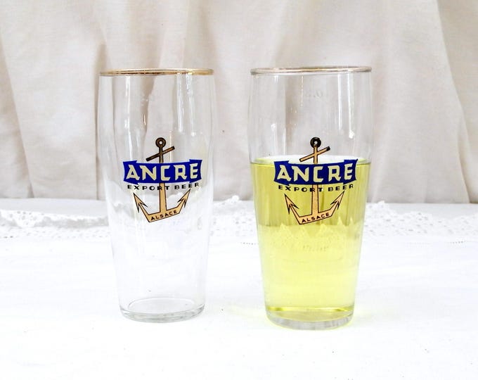 2 Vintage French Beer Glasses "Ancre Export Beer" From Alsace in Eastern France, Pair of 0.25 cl Glasses with Gold Rim and Anchor Motif