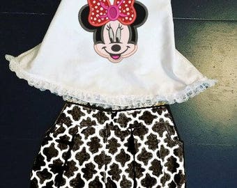 Minnie Mouse Birthday Outfit- Lattice Print Girls Toddler Summer Outfit-Bubble Shorts w/ Toddler Minnie Halter Top-Cute Minnie Mouse
