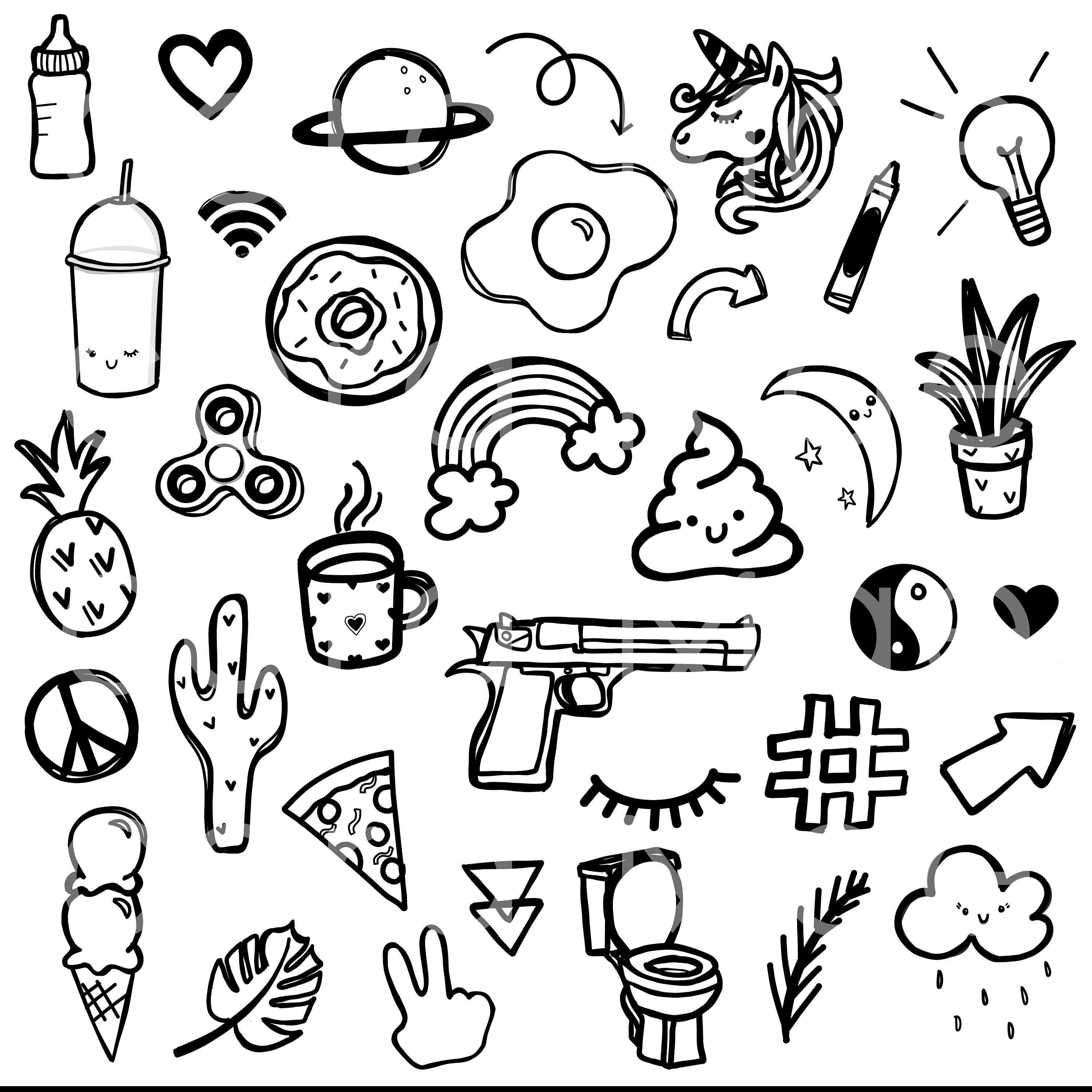 Doodles clipart in black and white. 35 PNG files. Transparent