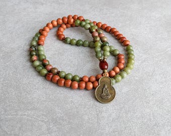 Serpentine Mala Beads - Quan Yin Pendant - Buddhist Mala - 108 Prayer Beads - Item # 936