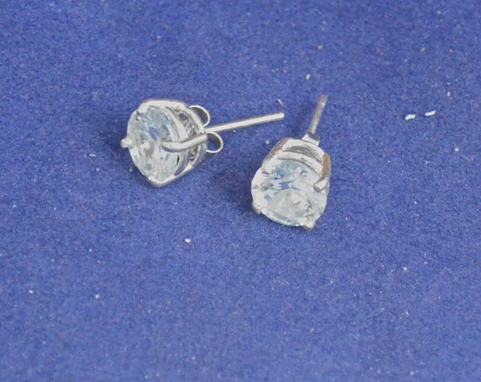 White Zircon Studs, 8mm Round, Natural, Set in Sterling Silver E1073