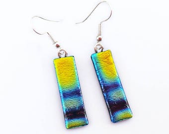 Dichroic Fused Glass Earrings, Blue Earrings, Valentine Earrings, Stick Earrings, Long Earrings, Drop Earrings, Boho Earrings