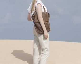 Sale, Shoulder Backpack Bag, Brown Leather Backpack Purse, Student Bag, Handmade Tote Bag