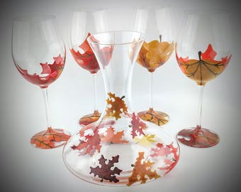 5 piece wine set, Fall Leaves Wine Glasses with Carafe, Thanksgiving wine set, Wine Carafe, Hand Painted wine glasses, Autumn wine set,