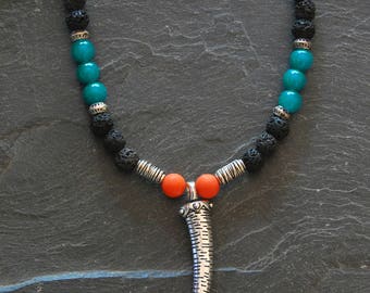 Engraved silver necklace, Elephant tusk necklace, Rustic boho necklace, Primitive tribal necklace, Beaded gemstone necklace for men, 1165-3