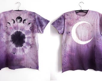 amethyst cultist : moon phase shirt. purple pastel tie dye. OOAK. hand dyed & hand painted.