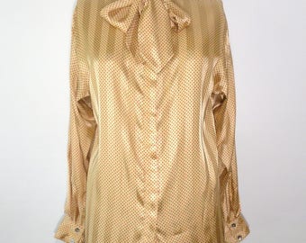 Neiman Marcus Top, Tan Bow Blouse Evan Picone Shirt Sleeved Larger Sz Striped Tie Top Dotted Vintage 70 80 Kitty Bow Blouse Office Work Wear