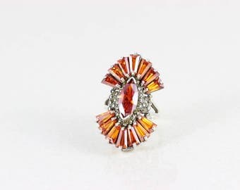 Sterling Silver Vintage Orange Glass and Marcasite Ring Size 8