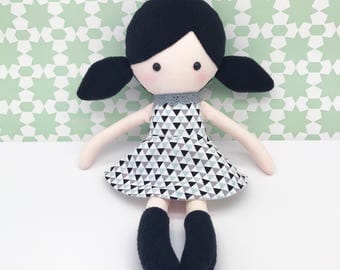 Plush doll - Rag doll - Stuffed toy - Cloth doll - Fabric doll - doll softie - Plush doll - sfuffed doll - with black hair