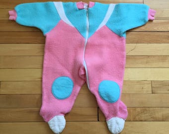 Vintage 1970s Baby Infant Girls Pink Blue Fleece One Piece Sleeper Pajamas! Size 9-12 months