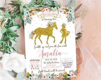 Cowgirl Birthday invitation, gold cow girl birthday Invite, flowers Gold birthday card, Birthday Party Invitation, Pink and gold, GO, GL
