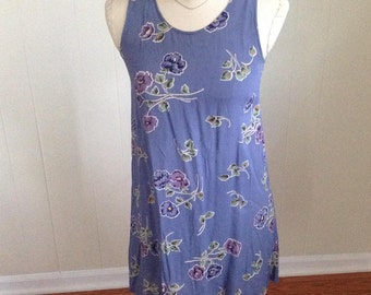 Vintage 2 of Us NYC Sleeveless Dress, 1990s Purple Floral Print Mini Dress Sundress, Beach Dress, Size Small