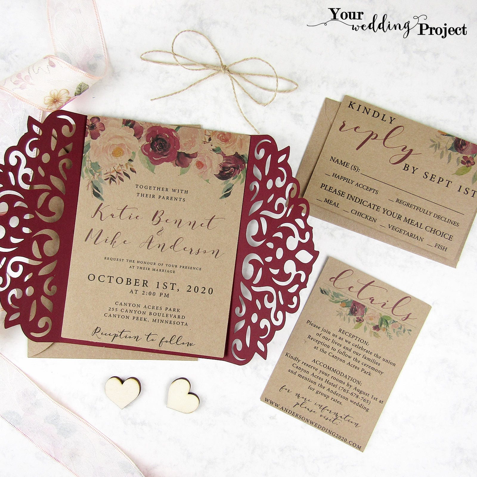 Laser Cut Wedding Invitation Set Burgundy Gatefold Floral Custom Elegant Laser Cut Wedding Invitation Set Burgundy Gatefold Floral Custom Elegant