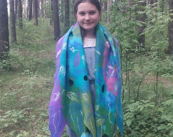 Felt Wool Scarf.Felt Scarf.Women scarf.Flower Wool Tulips.Merino wool.Natural Wool.Blue Violet Green Scarf.