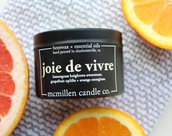 All Natural CITRUS Scented Beeswax Candle in 4 oz black tin (lemongrass, orange, + grapefruit essential oil scented)