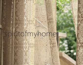 CHRISTINE' Patchwork Patterned Full Lenght Tan Colored Vintage Styled French Net Lace Curtain Sale By the Yard