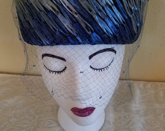 Vintage Pillbox Hat, Vintage Rafia Hat with Veil, Vintage Hats, Vintage Blue Hat, Pillbox Hat with Veil, 1950s Pillbox Hat,Blue Evening Hat