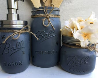 Painted Mason Jars. Mason Jar Kitchen Set. Kitchin Decor. Rustic/Vintage Home Decor. Vase. Soap Dispenser. Kitchen Utensil Holder. Gift.