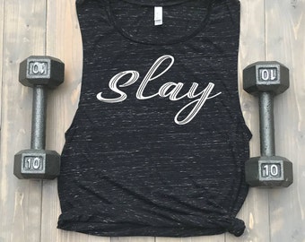 Slay Women's Muscle Tank // Bella Flowy Scoop Tank // Black Marble // Beyonce // Gym Tank // Crossfit // Barre // Spin // Fitspo
