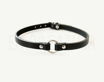 Mini O-ring choker, Leather choker, O-ring choker, Circle ring choker, Black Leather Choker, Leather Necklace, Genuine leather