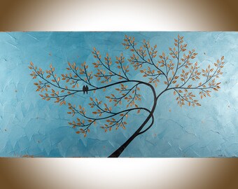 Copper art copper wall art Copper home decor large wall art Original love birds acrylic painting living room wall art by QiQigallery